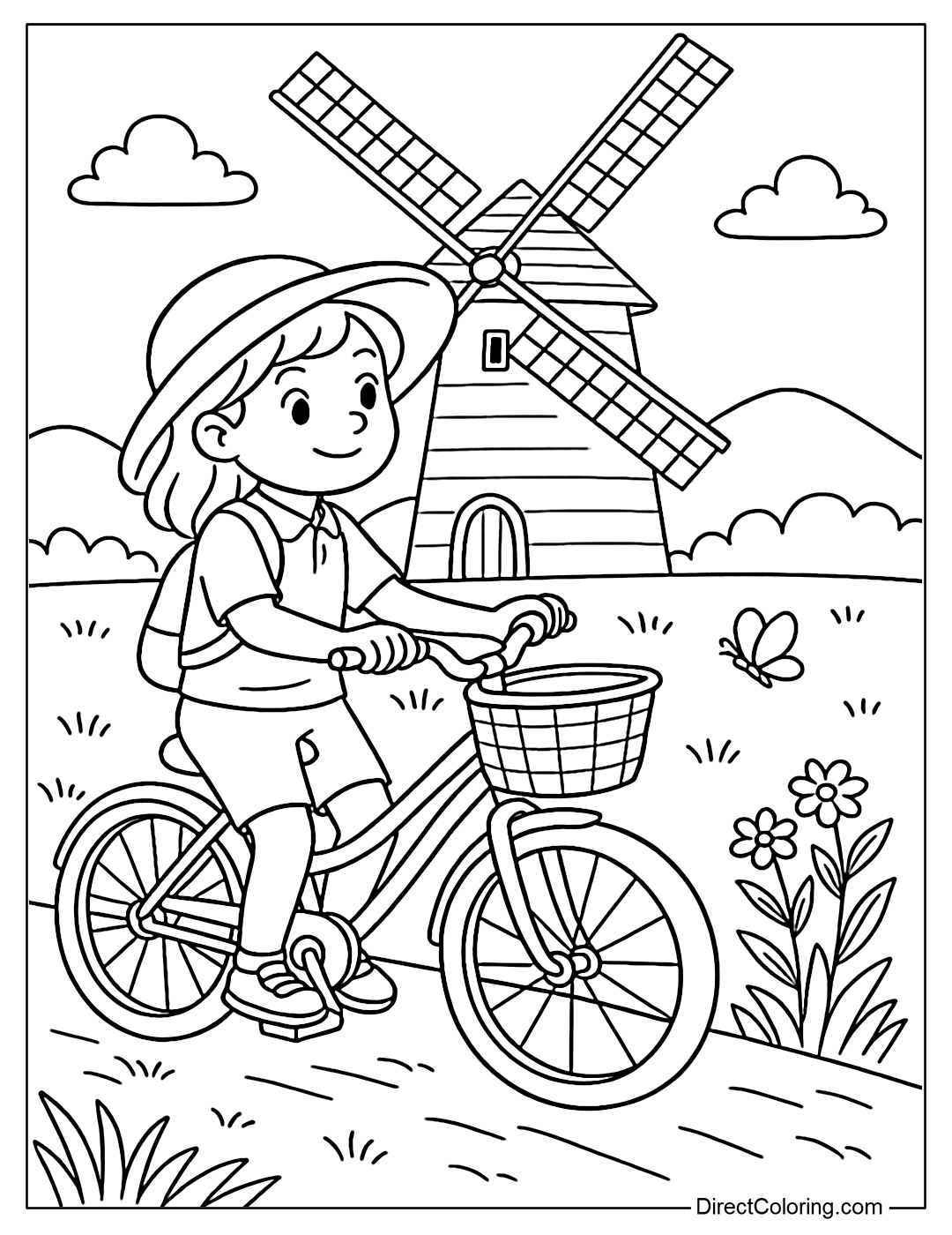Coloring page of a girl stopping her bike at a windmill in the middle of a field, wearing a wide-brimmed hat.